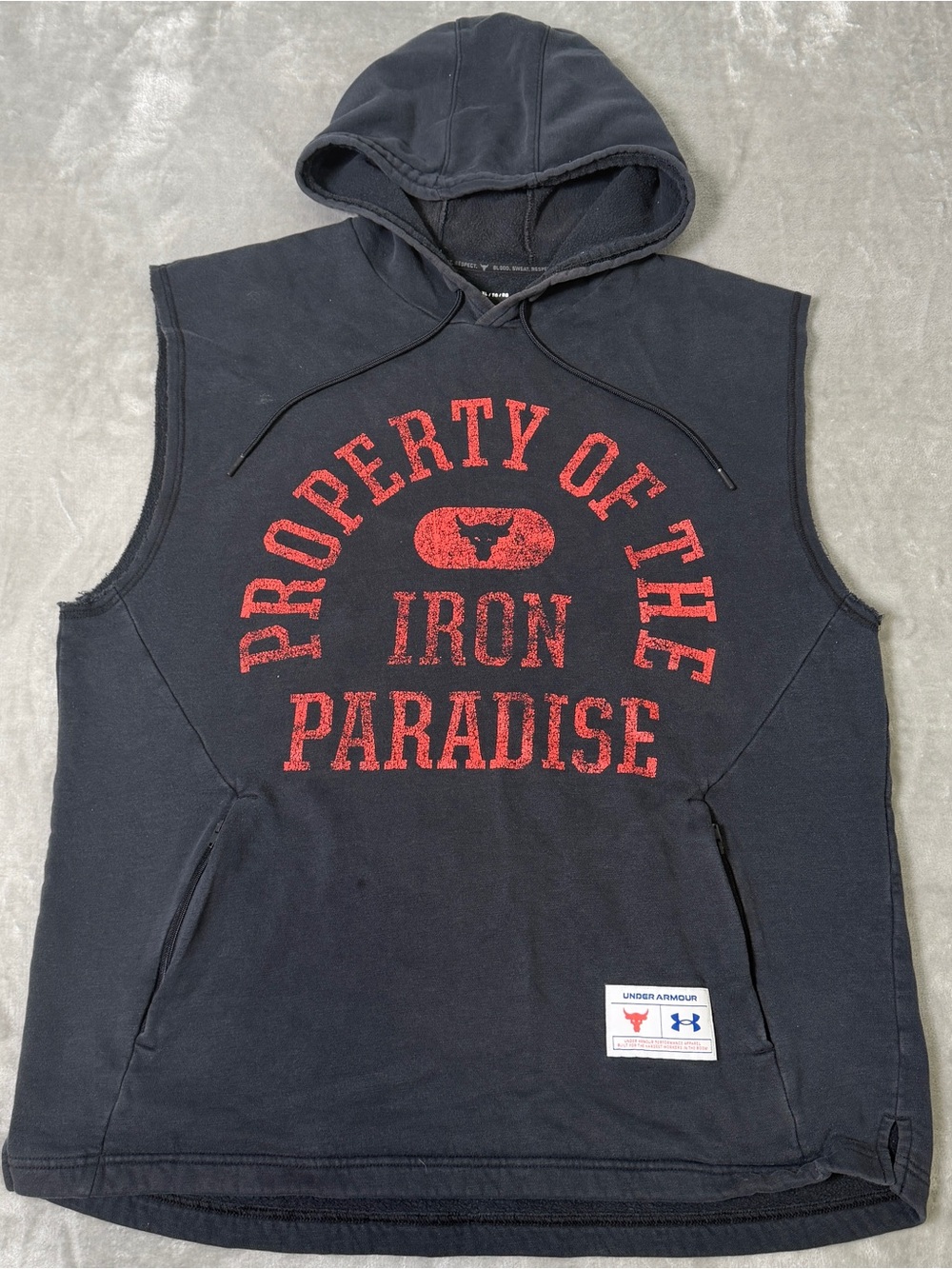 Under Armour Project Rock Property Iron Paradise Sleeveless Hoodie Black Red XL